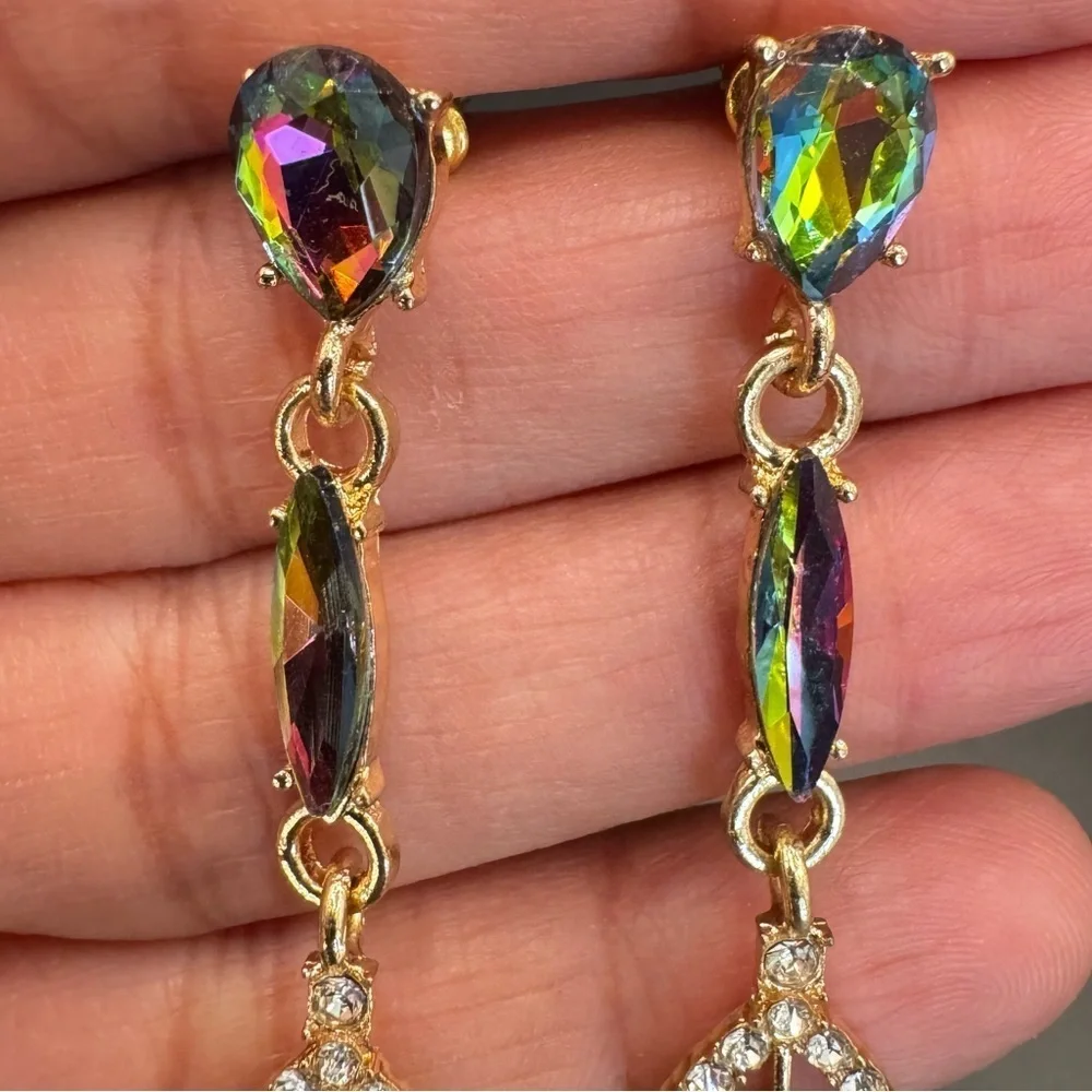 Iridescent Crystal Teardrop Dangle Earrings | Gold Rainbow Rhinestone Tear Drop